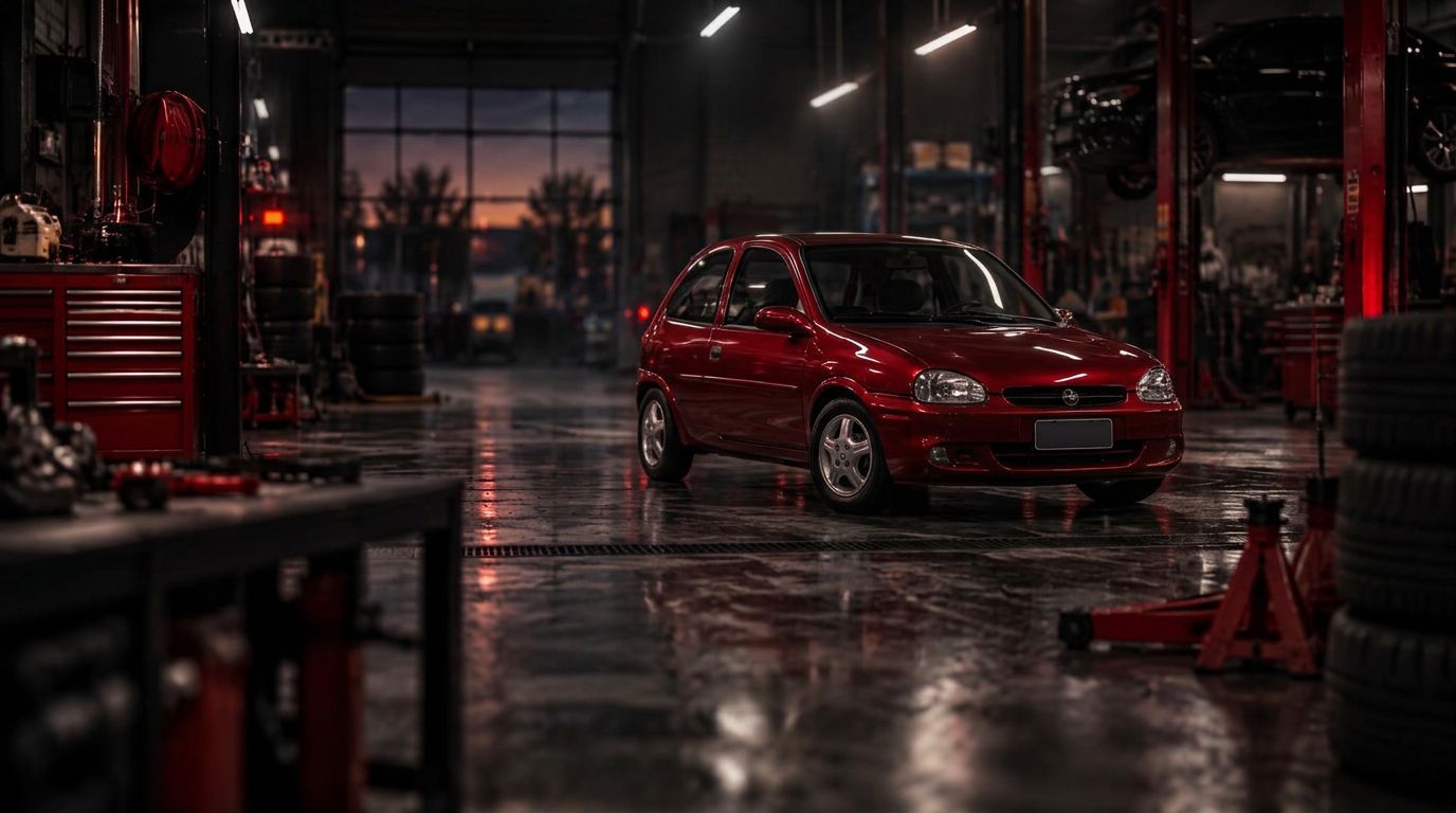 Corsa rojo en un taller de estética automotriz